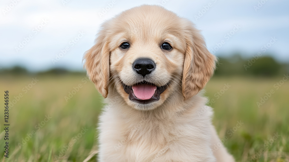 small puppy with joyful expression in green field small puppy with joyful expression in green field