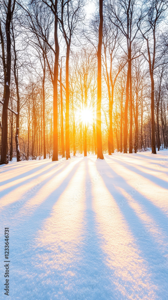 serene winter forest with frost covered trees, sunlight streaming through branches, casting long shadows on fresh snow, creating magical atmosphere