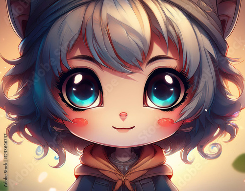 Anime-style image of a cute, chibi character with oversized eyes and a playful expression. photo