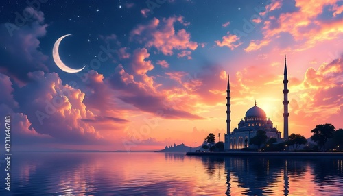 Stunning Mosque Sunset Landscape Peaceful Water Reflection photo