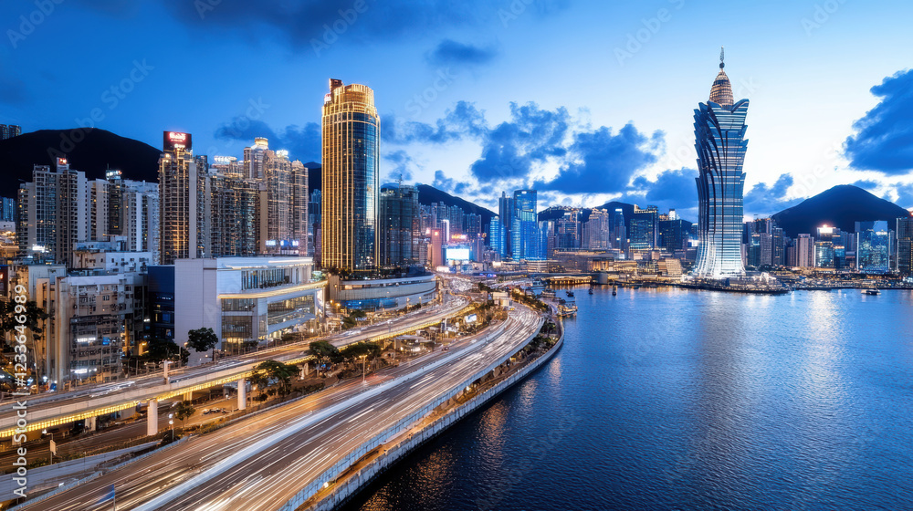stunning view of Macau Cotai Strip at dusk, showcasing vibrant city lights and architecture stunning view of Macau Cotai Strip at dusk, showcasing vibrant city lights and architecture