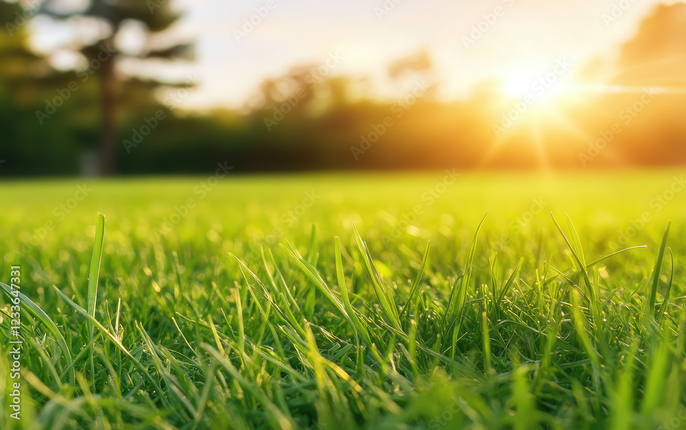 Lush green grass glowing in golden sunlight creates serene atmosphere, inviting relaxation and connection with nature. warm light enhances vibrant colors of grass Lush green grass glowing in golden sunlight creates serene atmosphere, inviting relaxation and connection with nature. warm light enhances vibrant colors of grass