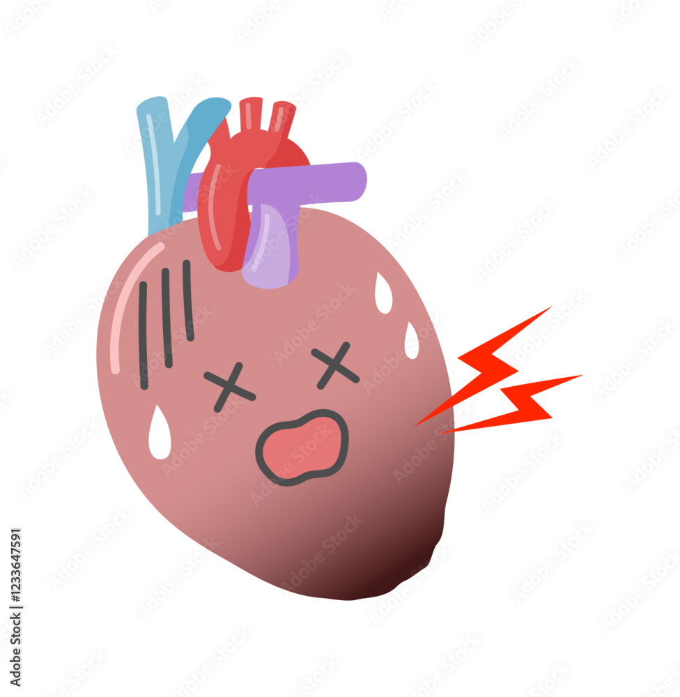 Obraz premium 心筋梗塞で心臓が壊死している心臓のかわいい顔入りイラスト