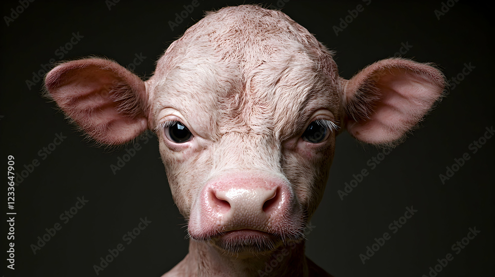 Fototapeta premium Angry calf portrait, dark background, farm animal