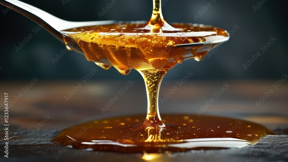 Golden honey drips from a spoon, showcasing rich texture and sweetness  Ideal for culinary uses, breakfasts, and natural sweetening in recipes