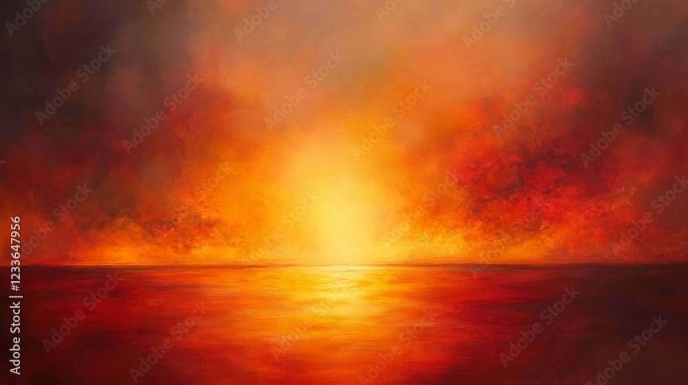 Fiery Sunset Over Calm Ocean Waterscape