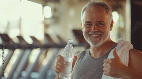 Portrait of happy senior male in gym after walkout training.