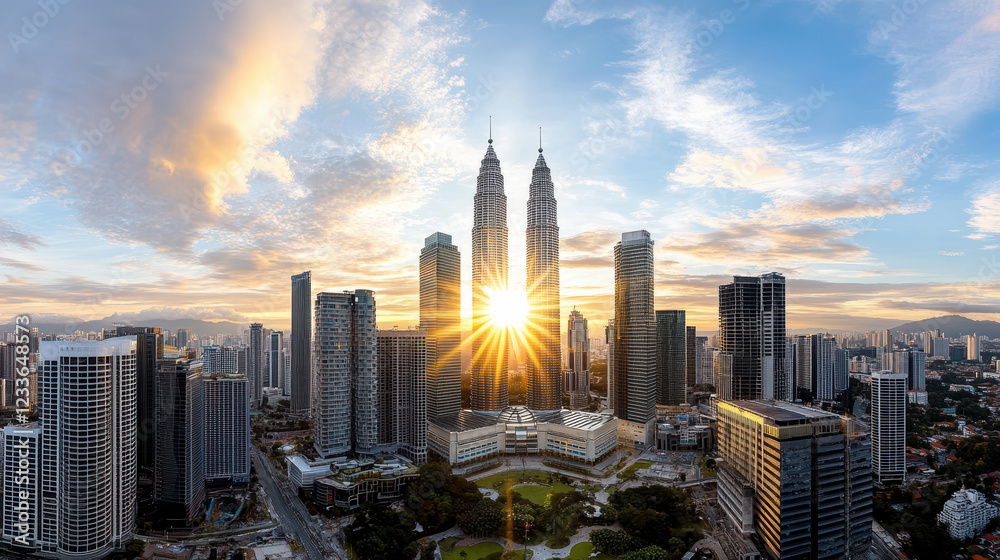 Fototapeta premium stunning view of Kuala Lumpur skyline sunrise, showcasing modern architecture and vibrant colors