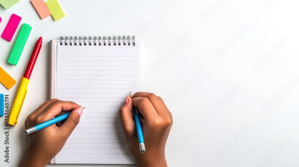 Hands Writing in a Blank Notebook Surrounded by Colorful Stationery in a Bright Workspace Hands Writing in a Blank Notebook Surrounded by Colorful Stationery in a Bright Workspace