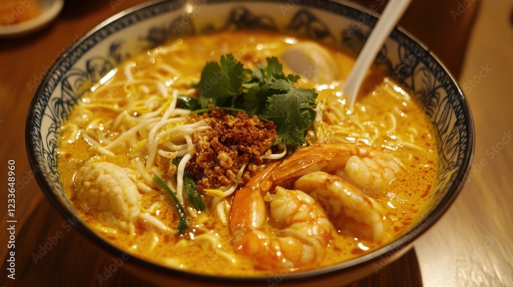 Delicious bowl of creamy curry noodle soup with shrimp, bean sprouts, and cilantro. Delicious bowl of creamy curry noodle soup with shrimp, bean sprouts, and cilantro.