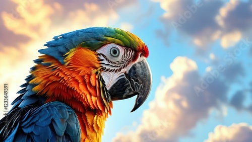 Colorful macaw perched against a bright sky, showcasing vibrant feathers and intricate details, ideal for nature and wildlife themes photo