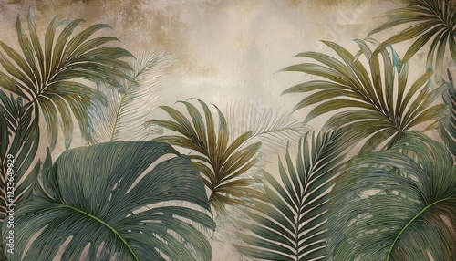 Vivid Tropical Paradise Accents Against a Distressed Backdrop Exotic Palm Leaves Illuminated on a Grungy Texture, Perfect for Adding a Touch of Tropical Charm to Modern Decor
