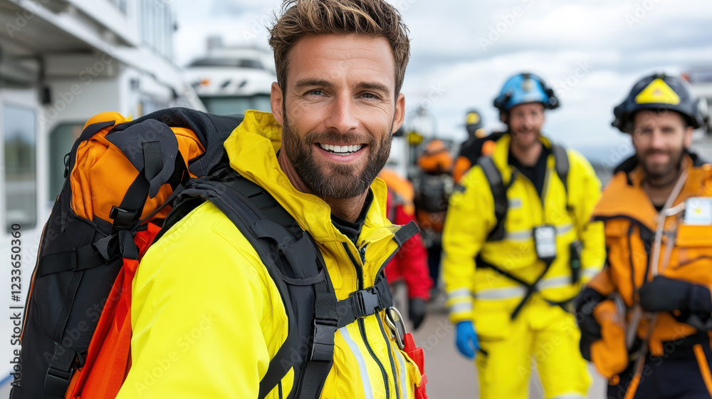 team of paramedics in bright uniforms smiles at camera, showcasing teamwork and readiness team of paramedics in bright uniforms smiles at camera, showcasing teamwork and readiness
