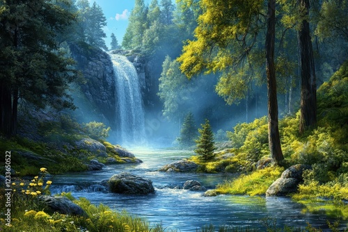 Majestic waterfall cascading in sunlit forest, tranquil stream, nature background, idyllic scene