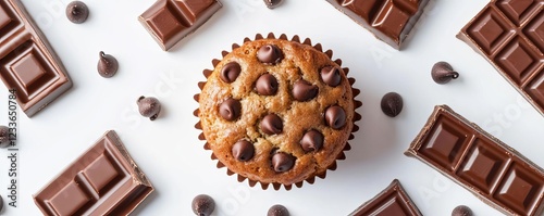 A chocolate chip muffin surrounded by mini chocolate bars, indulgent and creative layout, isolated on white background photo