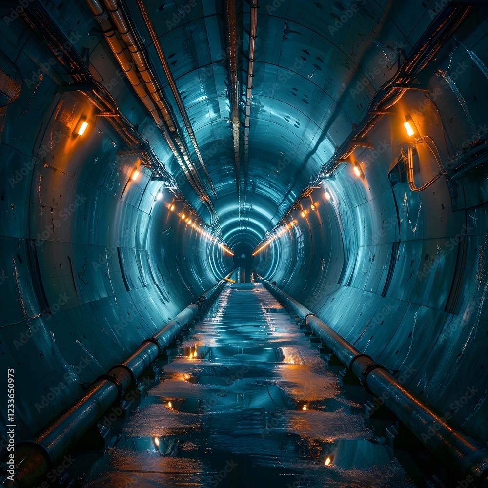 Fototapeta premium Mysterious Glowing Passage Through an Expansive Underground Pipe in Pastel Tones