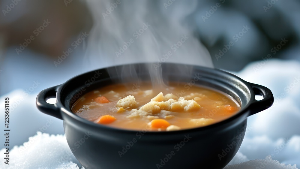 Warm, steaming bowl of soup sits on snowy surface, conveying comfort and nourishment during cold winter days Warm, steaming bowl of soup sits on snowy surface, conveying comfort and nourishment during cold winter days