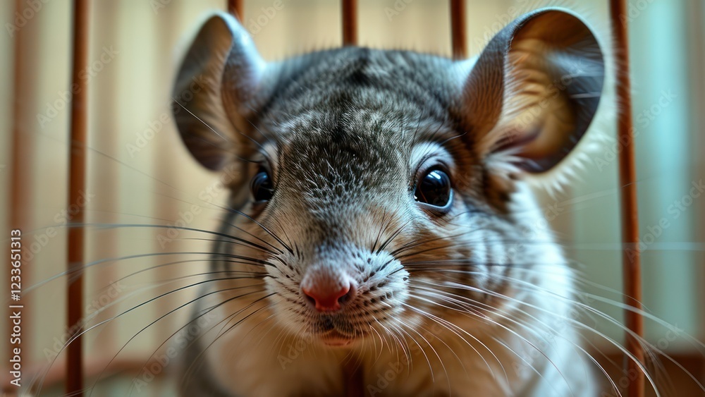 Obraz premium Close up of chinchilla in cage, showcasing its soft fur and expressive eyes Highlights companionship and pet care