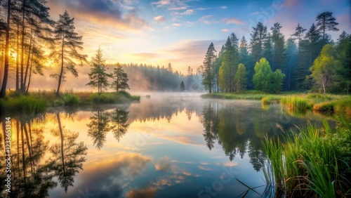 Misty forest pond at dawn, outdoor photography, serene landscape
