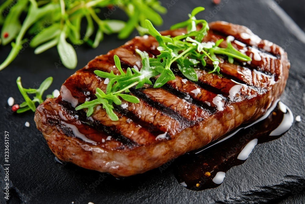 Juicy grilled steak served with fresh garnish on a black slate plate. Juicy grilled steak served with fresh garnish on a black slate plate.