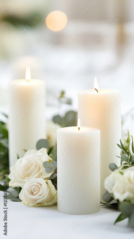 Elegant candlelit wedding table setting with white candles and roses, creating romantic atmosphere for special occasion Elegant candlelit wedding table setting with white candles and roses, creating romantic atmosphere for special occasion