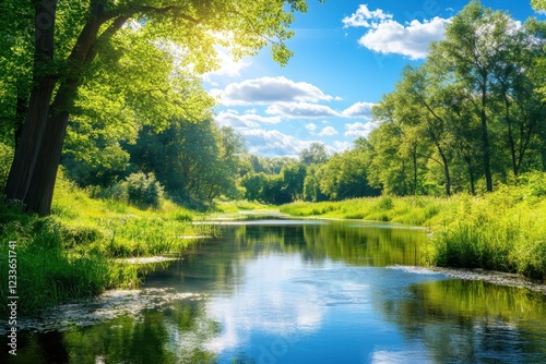 Sunny summer river, lush green forest, tranquil scene, nature background, idyllic travel