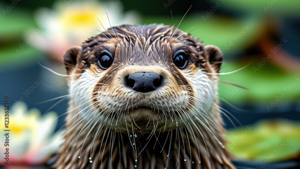 Close up of otter with droplets on face Otter appears playful and curious among lily pads in tranquil water Represents nature and wildlife conservation Close up of otter with droplets on face Otter appears playful and curious among lily pads in tranquil water Represents nature and wildlife conservation