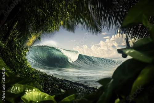 A serene yet powerful image of the Teahupoo wave rolling in, framed by the lush greenery of French Polynesia. photo