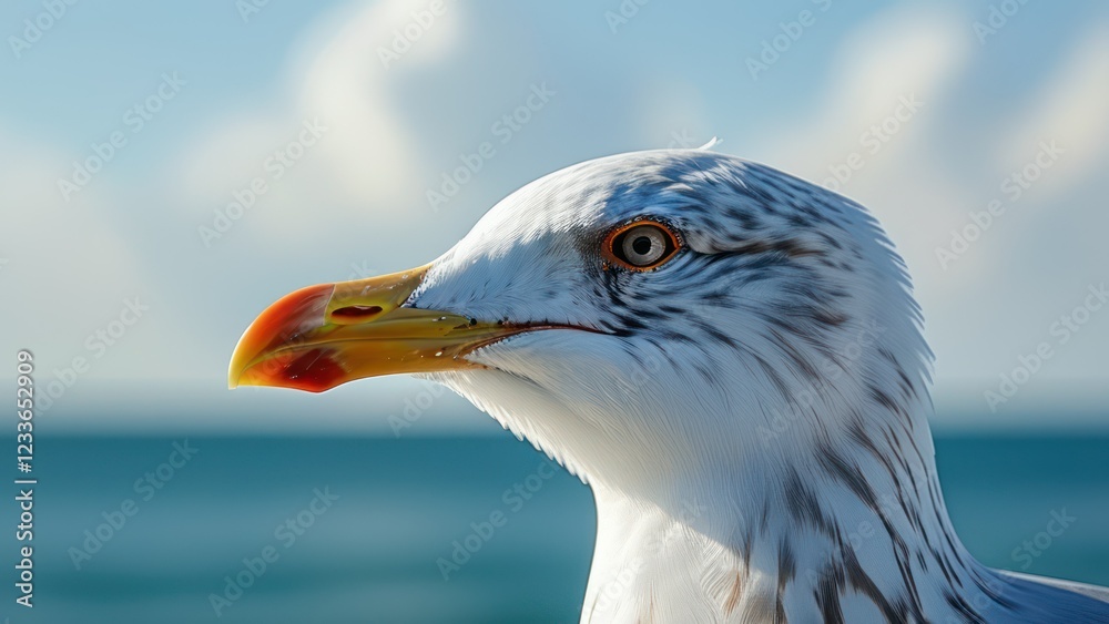 Close up portrait of a seagull with striking features against a blurred blue ocean backdrop, capturing beauty and freedom in nature Close up portrait of a seagull with striking features against a blurred blue ocean backdrop, capturing beauty and freedom in nature