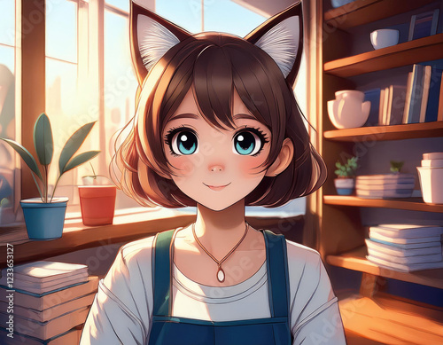 Anime-style portrait of a cute cat girl with big eyes and fluffy ears, set in a cozy room. photo