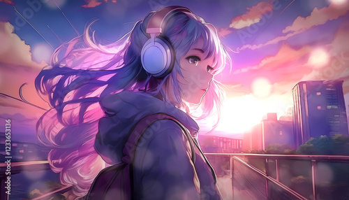 lofi 背景　ヘッドフォンをして音楽を聴くアニメ・漫画のタッチの少女　夕日の中に立つ女の子　都市の風景　街並み