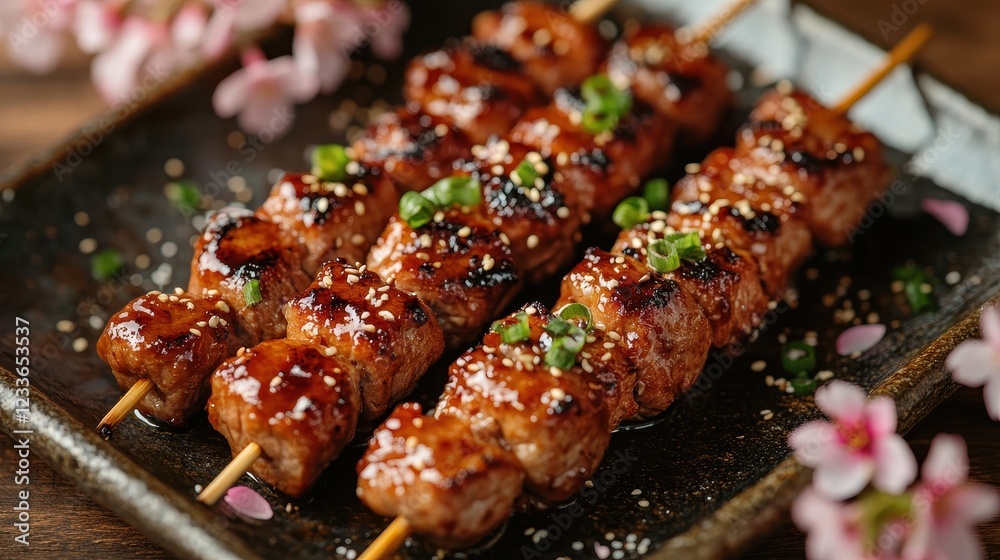 Grilled skewers of succulent meat, garnished with green onions and sesame seeds, served on a decorative plate with cherry blossoms in the background. Grilled skewers of succulent meat, garnished with green onions and sesame seeds, served on a decorative plate with cherry blossoms in the background.