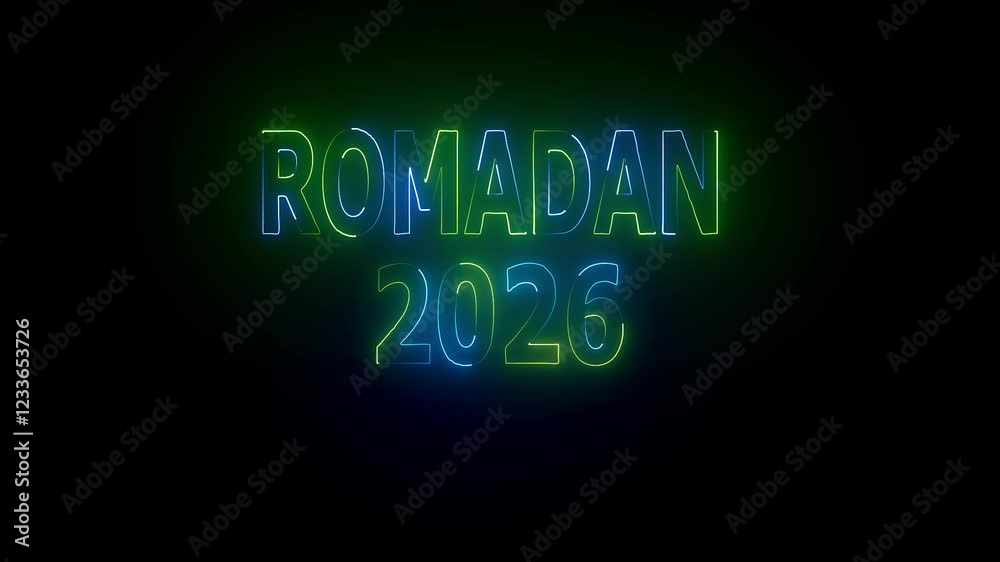  Ramadan 2026  text with neon effect in black background Animation with neon and fire effect , 4k footage video