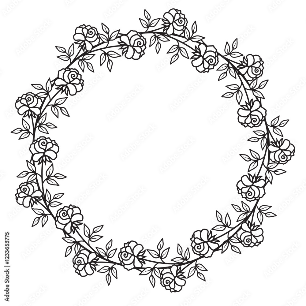 Obraz premium Festive Insulated Round Botanical Rose Frame in doodle style