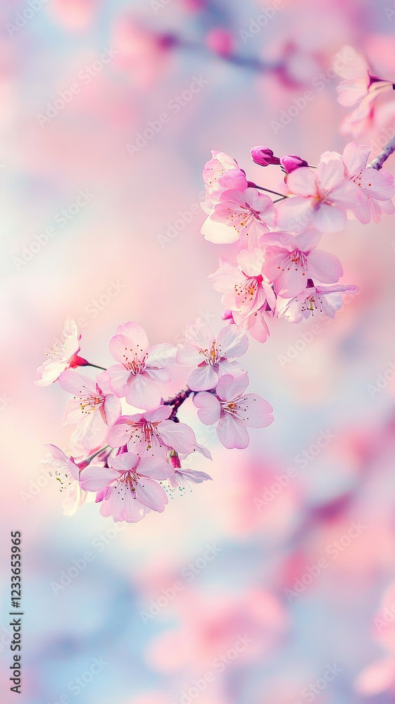 Obraz premium Soft focus close up of pink cherry blossoms, creating serene and delicate atmosphere. gentle hues and intricate details evoke sense of tranquility and beauty