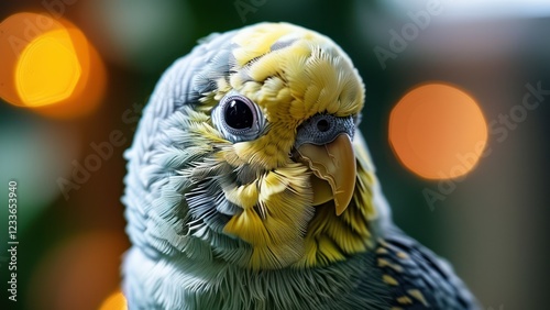 Close up of a colorful budgerigar's face, showcasing vibrant feathers and expressive eyes, perfect for pet care and wildlife themes photo