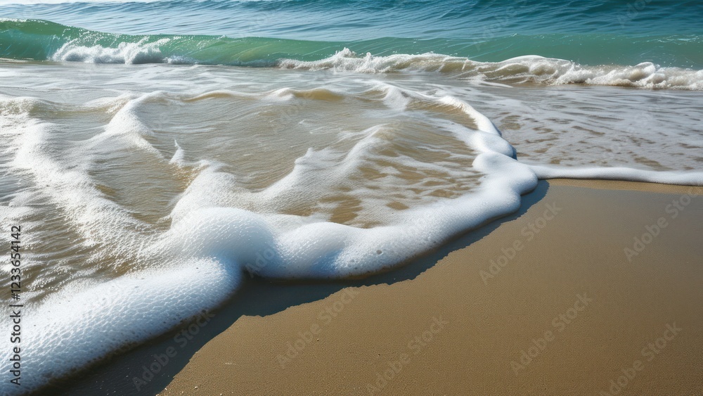 Gentle waves lap at sandy shore under bright sunlight, creating a serene and tranquil beach atmosphere ideal for relaxation and summer activities Gentle waves lap at sandy shore under bright sunlight, creating a serene and tranquil beach atmosphere ideal for relaxation and summer activities