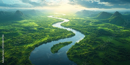 Serene River Winding Through Lush Green Landscape