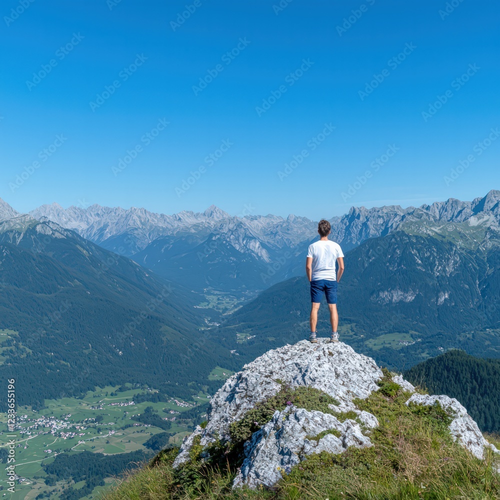 Fototapeta premium Person Standing on a Rocky Outcrop Overlooking a Majestic Mountain Valley Under Clear Blue Sky