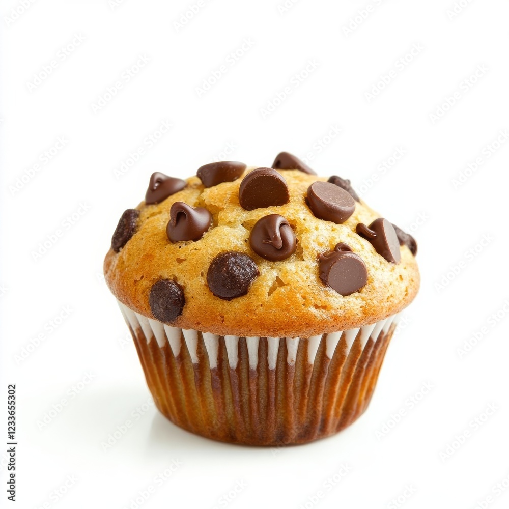 A chocolate chip muffin glowing under warm spotlight, inviting and detailed, isolated on white background A chocolate chip muffin glowing under warm spotlight, inviting and detailed, isolated on white background