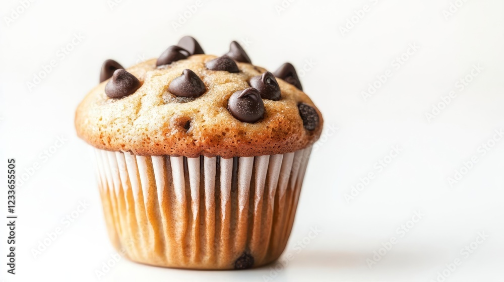 A chocolate chip muffin glowing under warm spotlight, inviting and detailed, isolated on white background A chocolate chip muffin glowing under warm spotlight, inviting and detailed, isolated on white background