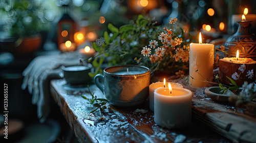 A cozy scene featuring a steaming cup of coffee with candle bokeh background
