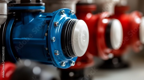 Close-Up View of Blue and Red Industrial Pumps photo