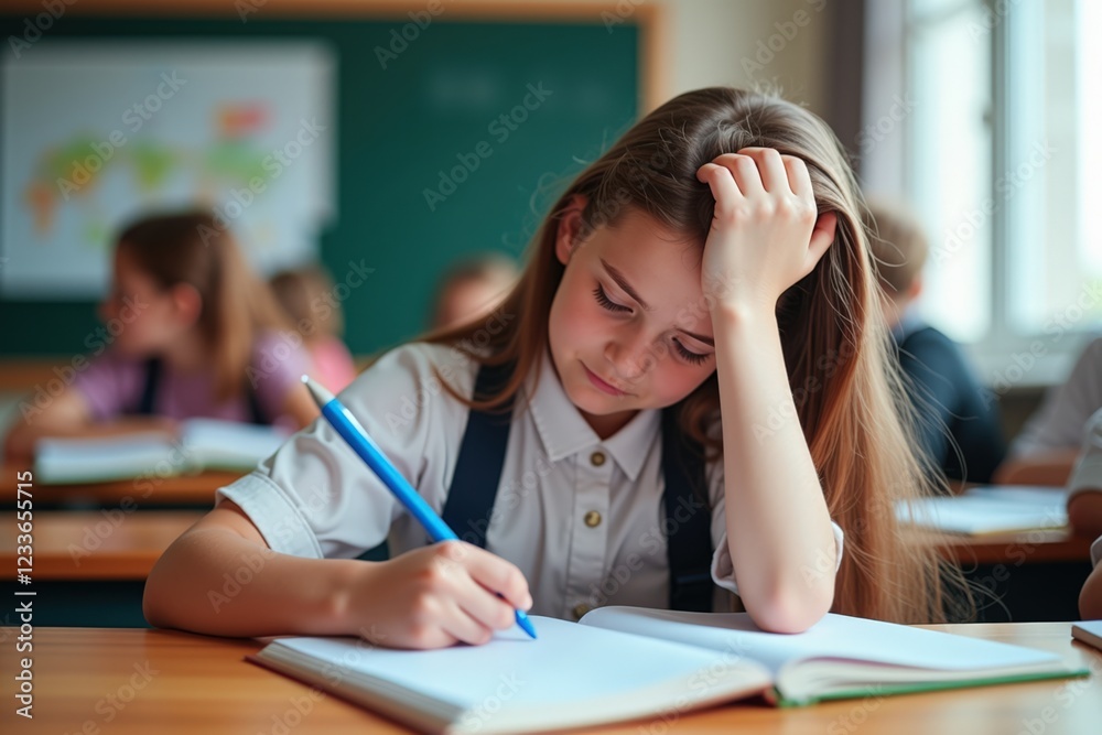 A Focused Young Student with Long Hair Concentrating on Her Homework in a Classroom Setting, Surrounded by Classmates, Demonstrating the Challenges of Learning A Focused Young Student with Long Hair Concentrating on Her Homework in a Classroom Setting, Surrounded by Classmates, Demonstrating the Challenges of Learning