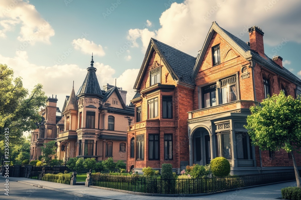 Suburban street, Victorian homes, sunset, landscaping, real estate Suburban street, Victorian homes, sunset, landscaping, real estate