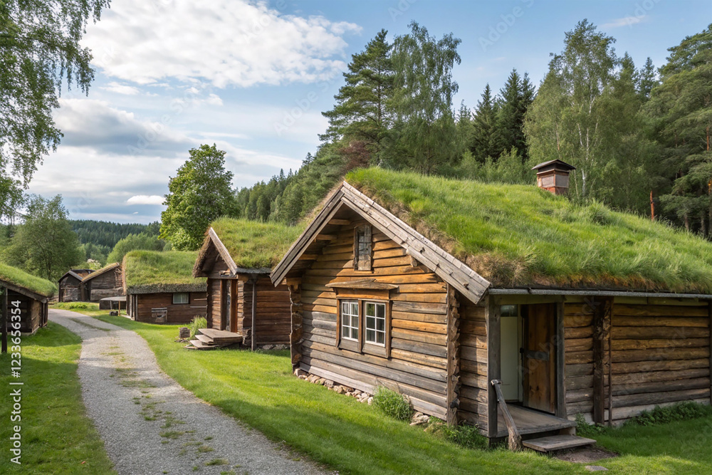 Scandinavian wooden houses with grass roofs Scandinavian wooden houses with grass roofs