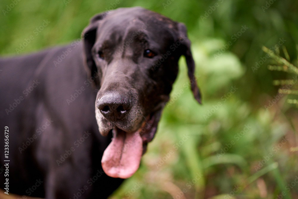 Nature, face and dog in grass for adventure, playing and healthy outdoor animal on farm. Countryside, search or Great Dane with tongue for pet care, wellness or explore plantation for sustainability Nature, face and dog in grass for adventure, playing and healthy outdoor animal on farm. Countryside, search or Great Dane with tongue for pet care, wellness or explore plantation for sustainability