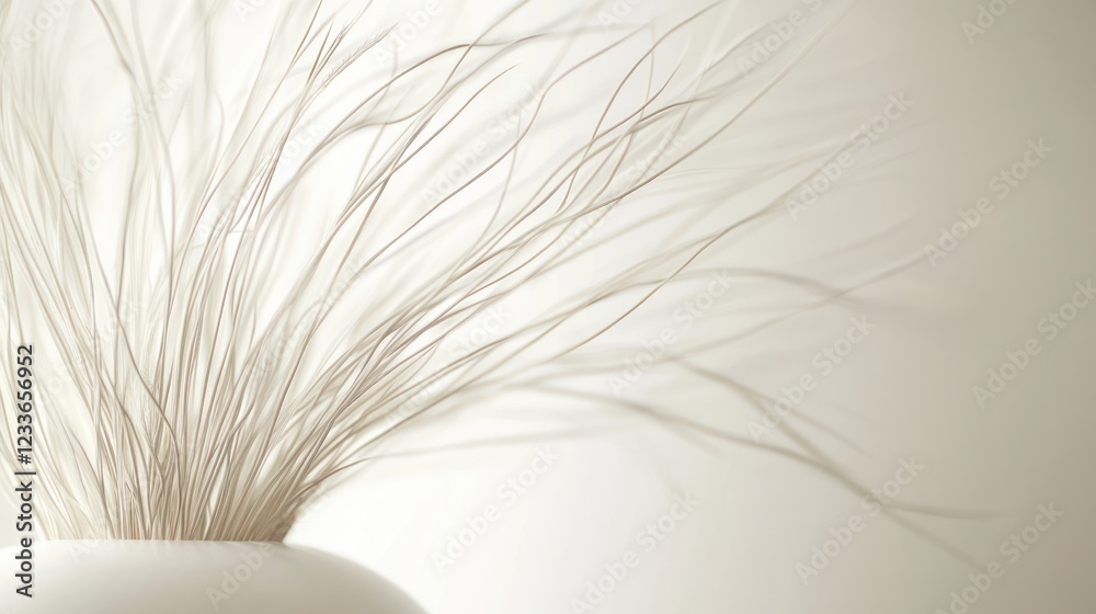 Fototapeta premium White vase, delicate grass, soft light, calm background, home decor