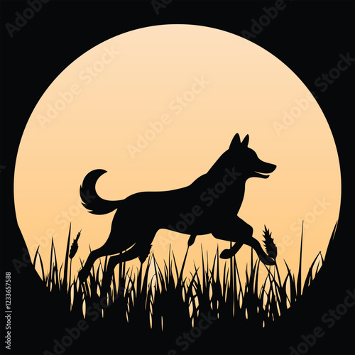 Norwegian Elkhound Dog Silhouette Against a Retro Sunset
