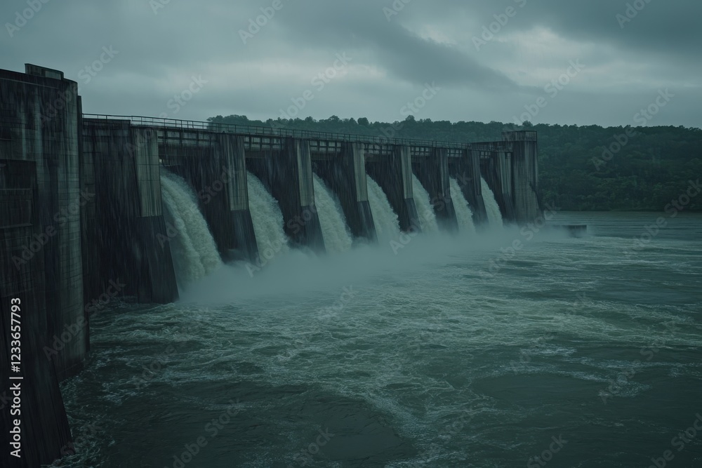 Intense Water Flow Over Dam Structure During Rainy Weather, Showcasing Powerful Hydraulics and Surrounding Landscape in a Moody Atmosphere Intense Water Flow Over Dam Structure During Rainy Weather, Showcasing Powerful Hydraulics and Surrounding Landscape in a Moody Atmosphere